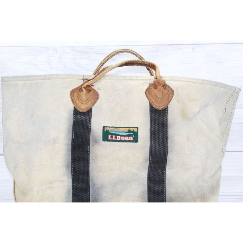 Vintage LL Bean Cream Canvas Leather Double Handle Zipper Tote Boat Beach Bag - Picture 2 of 8